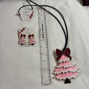 Pink Christmas Tree Necklace and Earring Set ❤️🌲❤️big red bow